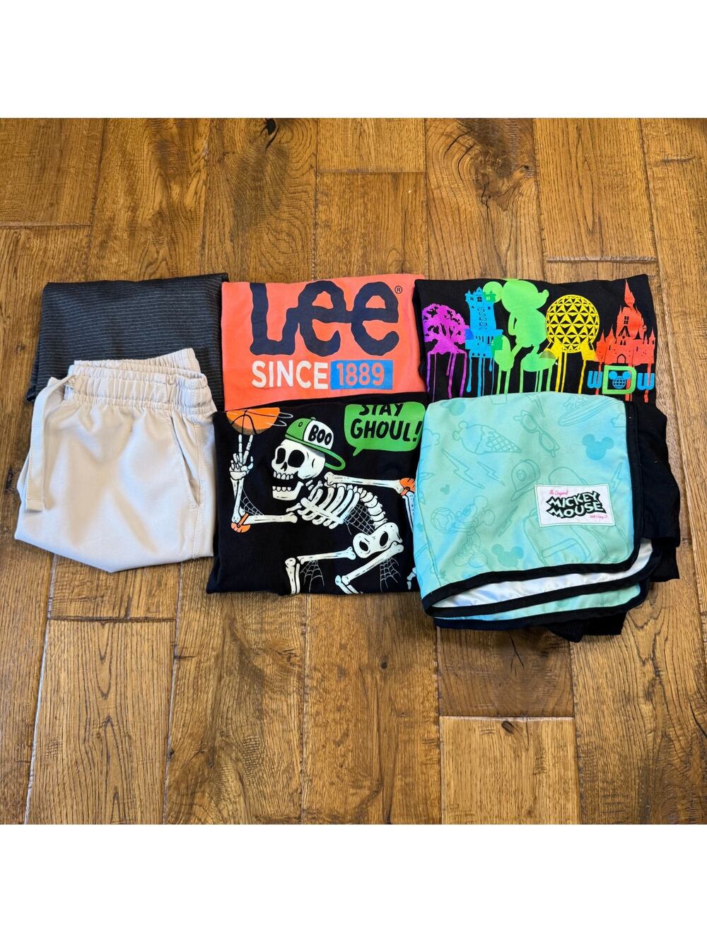 Lot of 6 Boys Summer Clothing Sz 7 Shirts, Swim Trunks, Disney, Skeleton